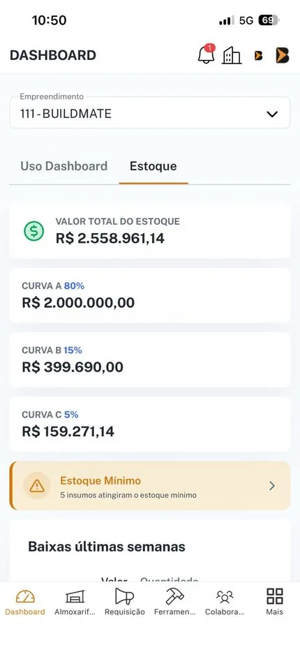 Dashboard de estoque da BuildMate com valor total, curva A, B e C e alerta de estoque mínimo